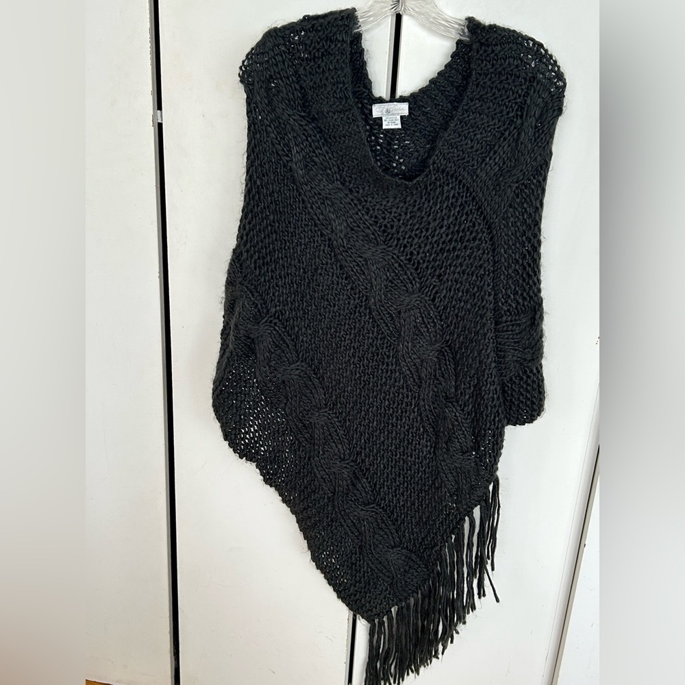 Black Cable Knit Fringe Poncho Sweater - Women